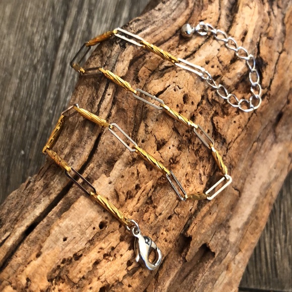 Goldtone & Silvertone Metal Link Anklet - Picture 7 of 9